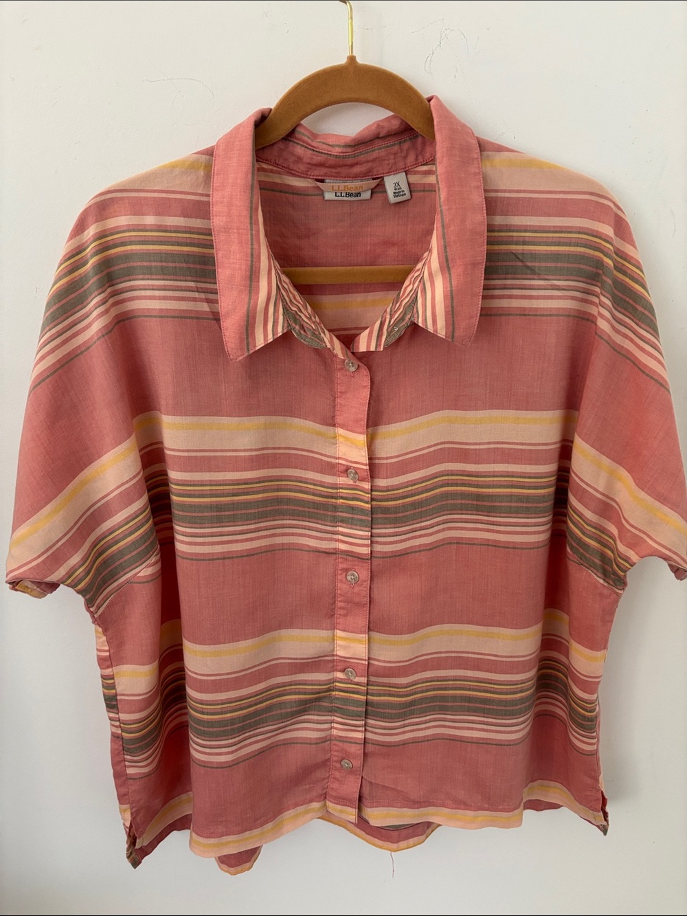 LL Bean blouse, boxy, raglan sleeves, pink/peach/green stripe, rayon?, size 3x